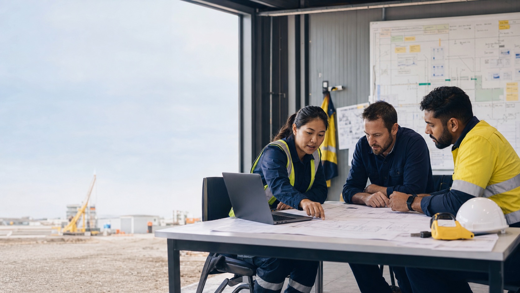 Servicio de productividad con equipo de obra planificando frente a planos en un proyecto industrial