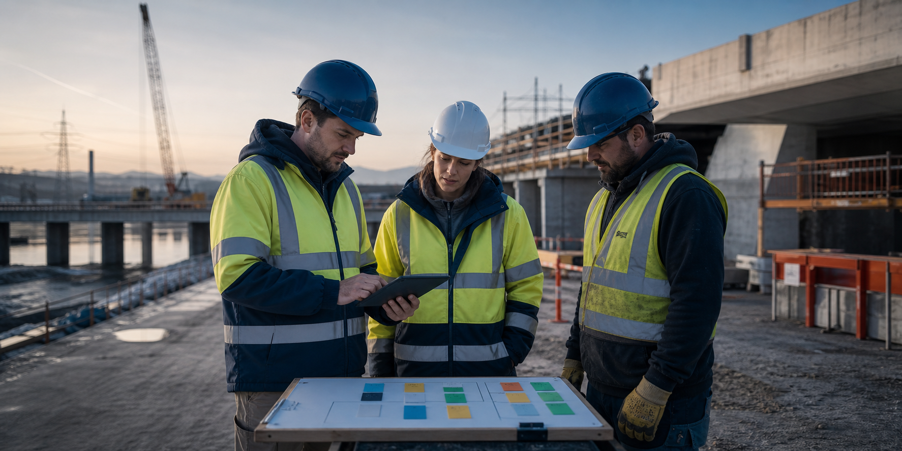 Construction team reviewing short-term commitments beside a planning board