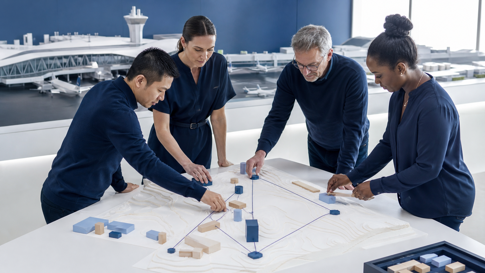 Equipo de gerenciamiento trabajando sobre una maqueta de proyecto