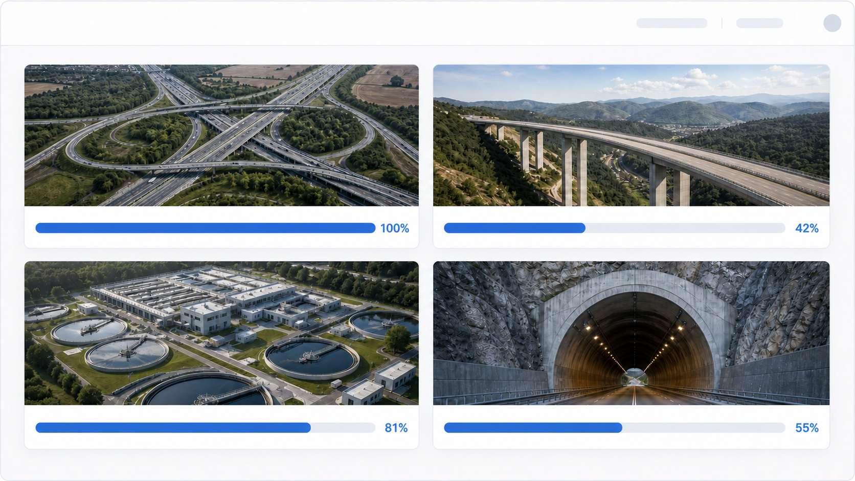 Vista de portafolio con proyectos de obras civiles