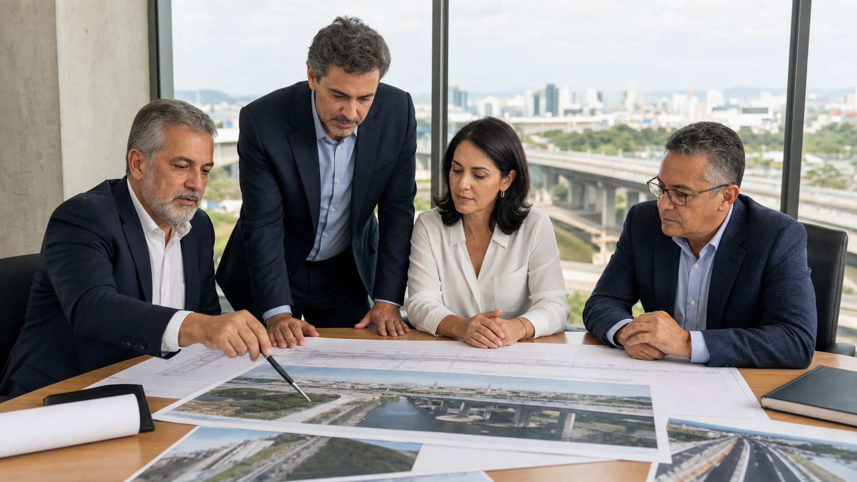 Equipo ejecutivo revisando una lectura común de proyectos de obras civiles