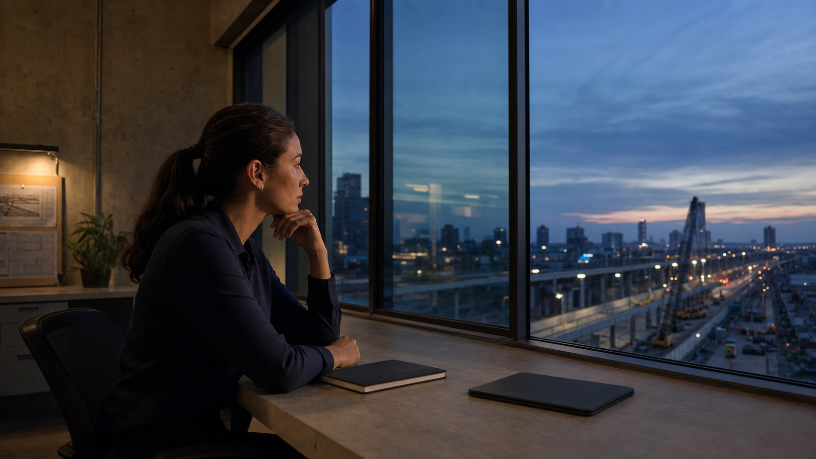 Planificadora revisando el contexto de un proyecto urbano al atardecer