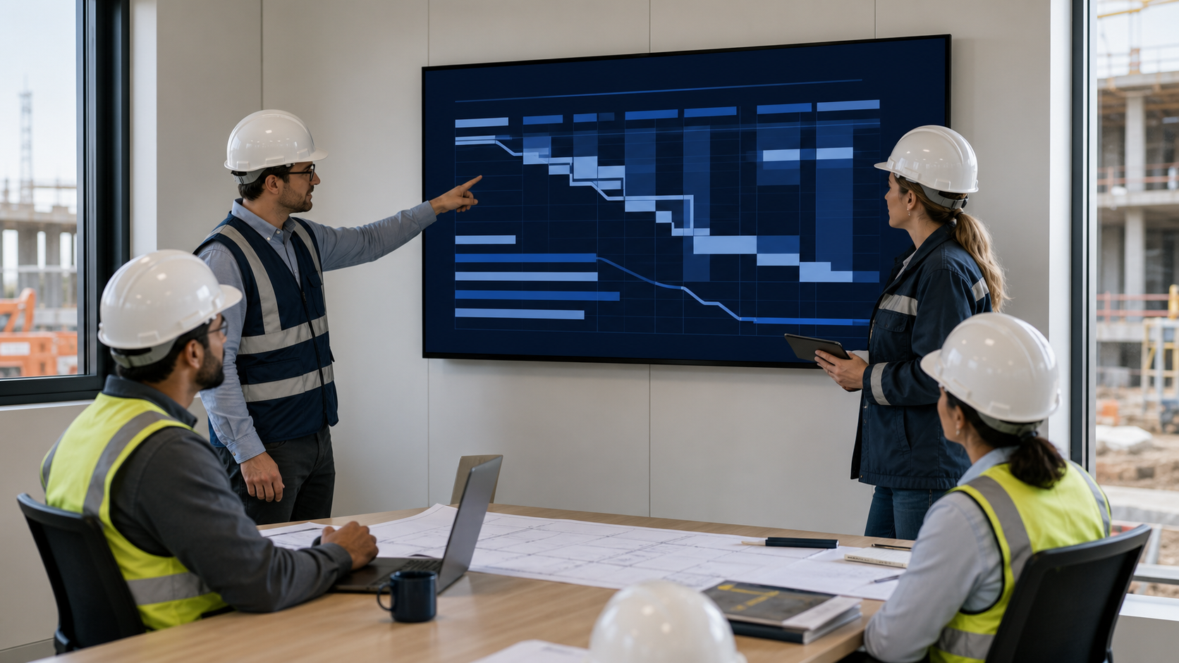 Equipo de proyecto revisando una visualización compartida de avance