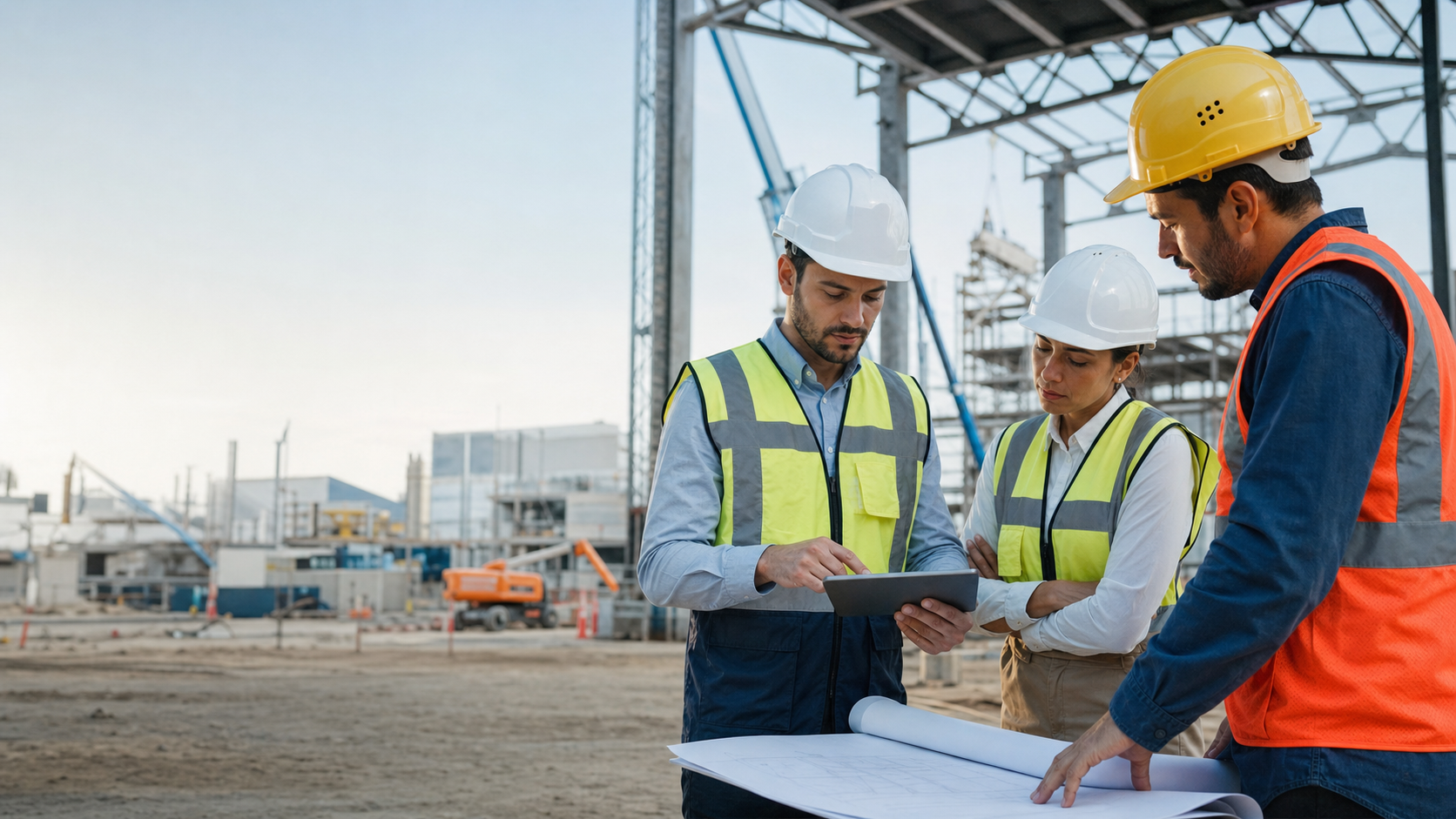 Project team reviewing a tablet and drawings on an industrial site