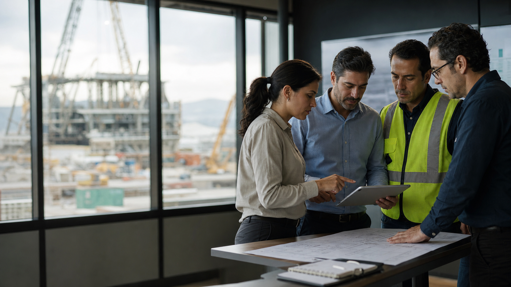 Project management team coordinating information on an industrial project