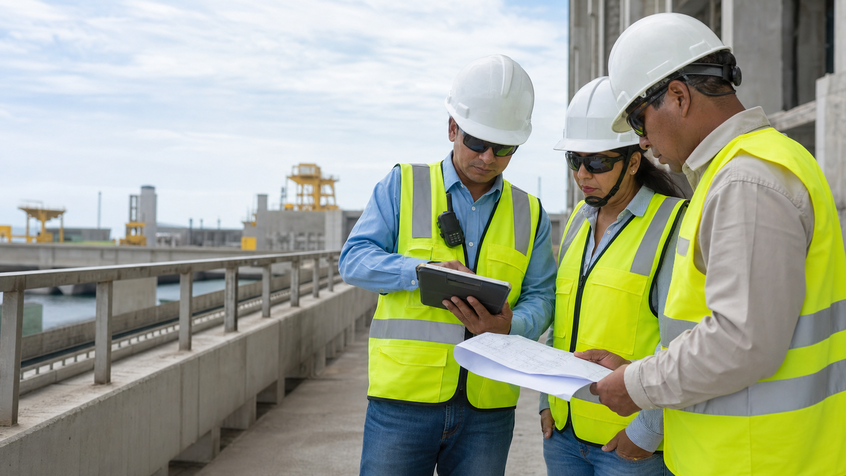 Representantes de supervisión revisando avance y planos en un proyecto de infraestructura